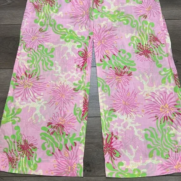 Lilly Pulitzer Mid Rise Wide Leg Pants Pink Green Size Small - Picture 3 of 13